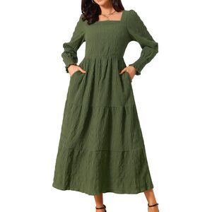 Women's Long Dress Long Sleeve Square Neck Tiered Fall Casual Maxi Dress Green